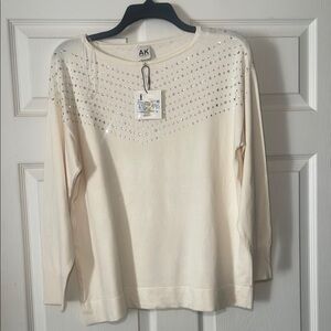Anne Klein Cream Embellished Ribbed Blouse